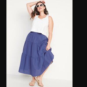 NEW Old Navy Tiered Maxi Skirt Womens XL Blue Boho Seersucker Pull On SS06X
